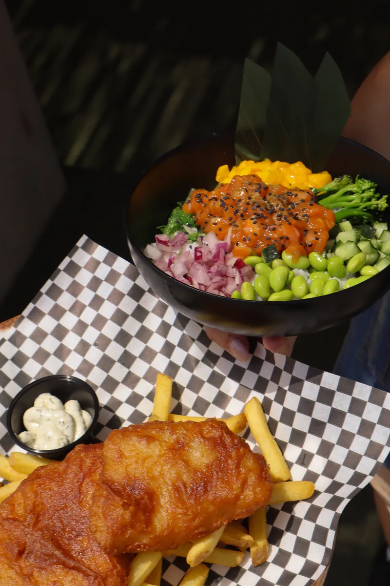 Fish and chips and poke bowl at Ellas