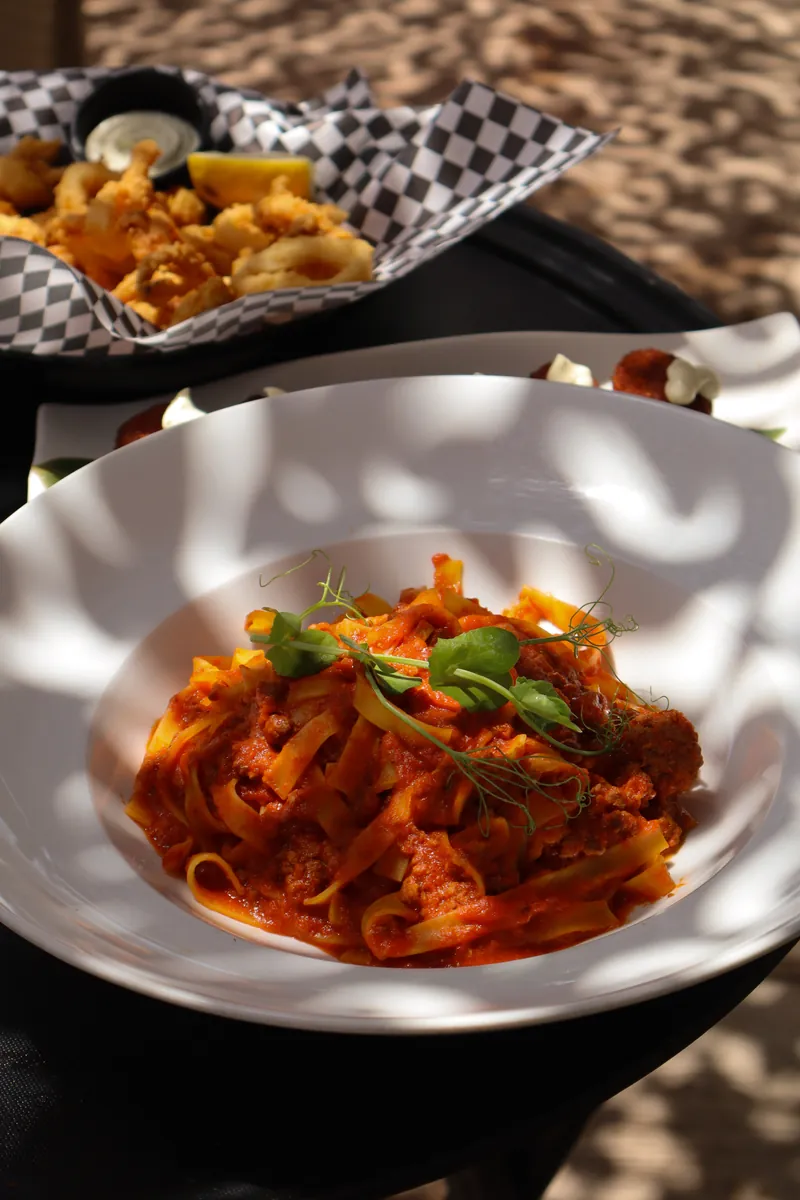 Tagliatelle and fried calamari on the Ellas terrace